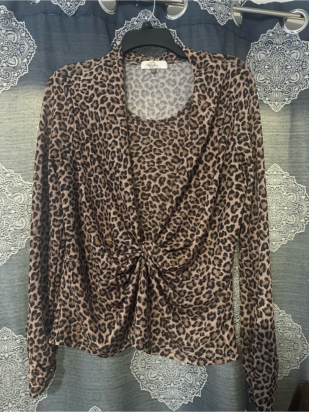 Brown Leopard Print Twist-Front Long Sleeve Top